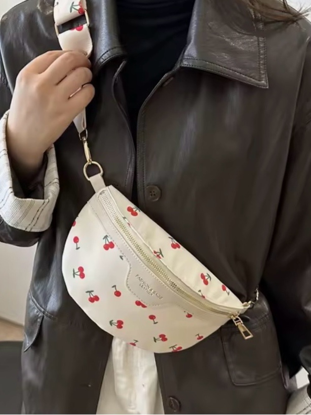 Cherry Print Cream Crossbody Bag by (unbranded)